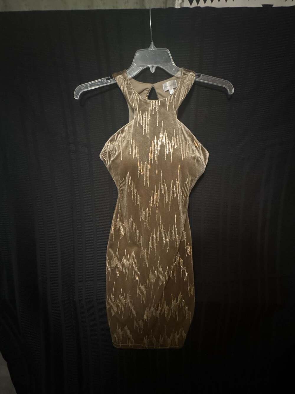 Honey and Rosie Women's Bronze Velour Sequin Embellished Halter Mini Dress